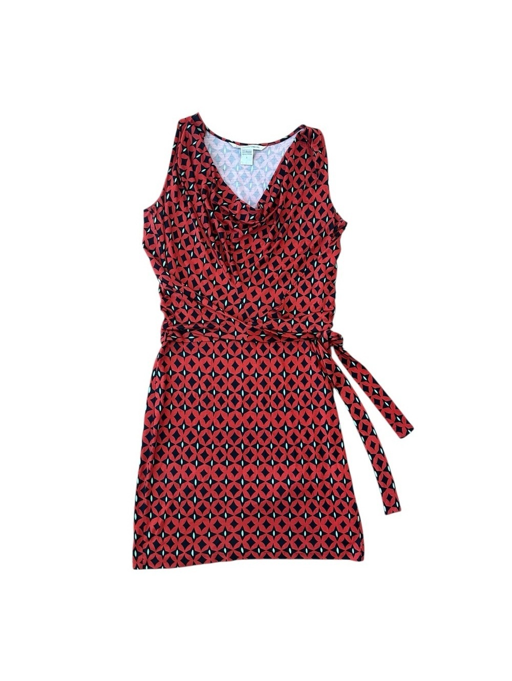 Diane Von Furstenberg Silk Red Black Sleeveless Wrap Dress with Cowl Neckline